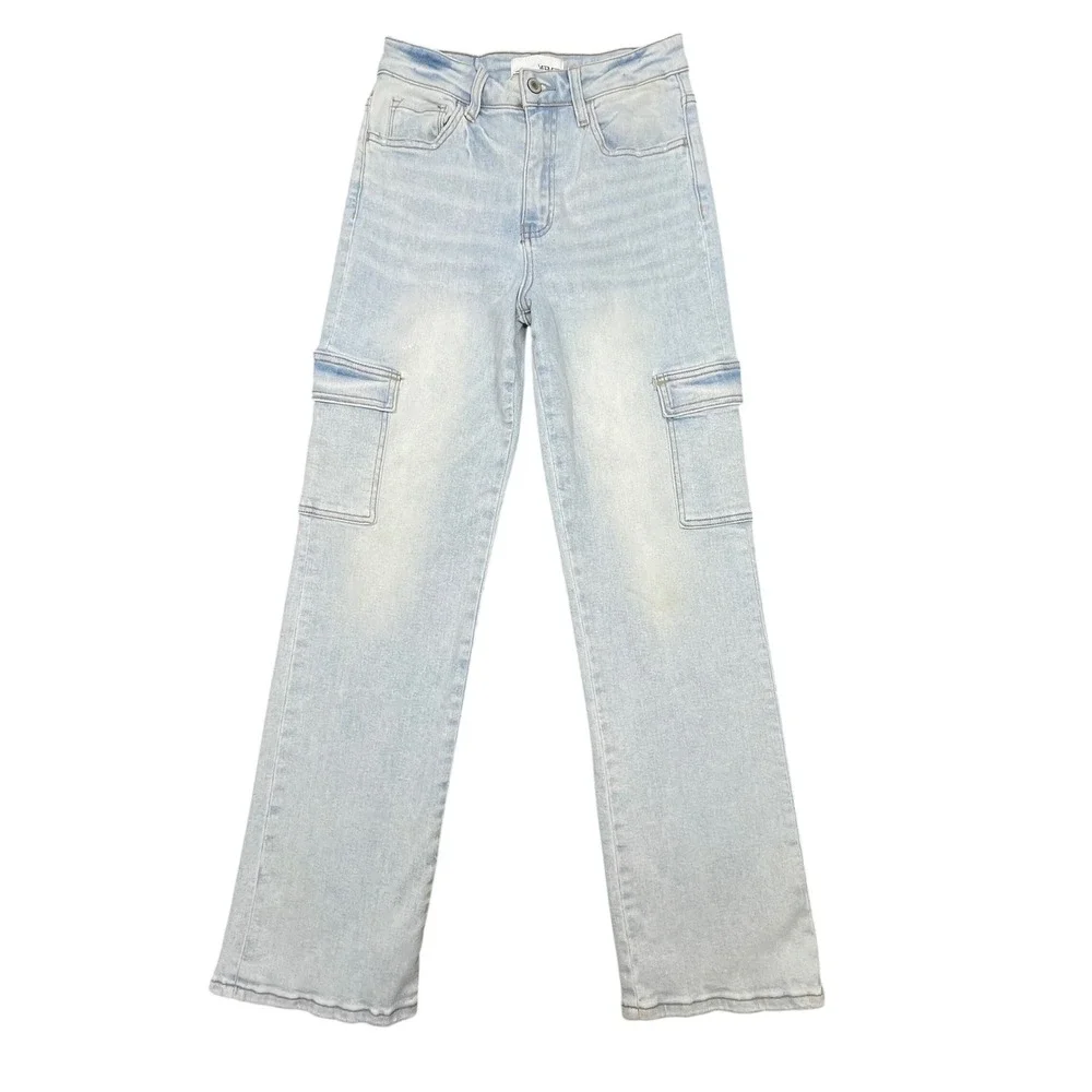 Vervet Light Wash High Rise Cargo Straight Leg Jeans Women 26